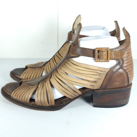 FREEBIRD BY STEVEN Women's Arrow US9 Tan Distressed Leather Strappy Sandals - Picture 2 of 16